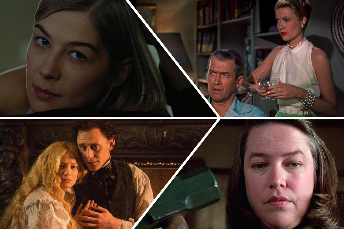 The best psychological thrillers, featuring (clockwise from top left): 'Gone Girl,' 'Rear Window,' 'Misery,' and 'Crimson Peak'