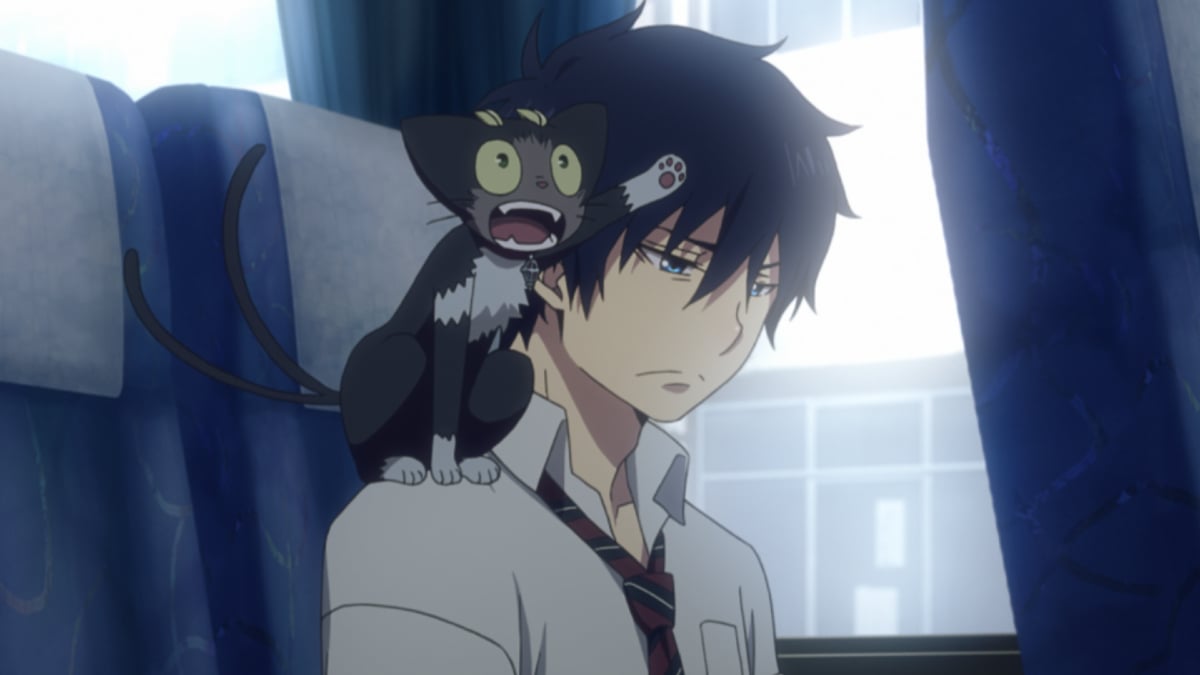 Rin on the train with his cat on his shoulder, looking excited in 'Blue Exorcist'