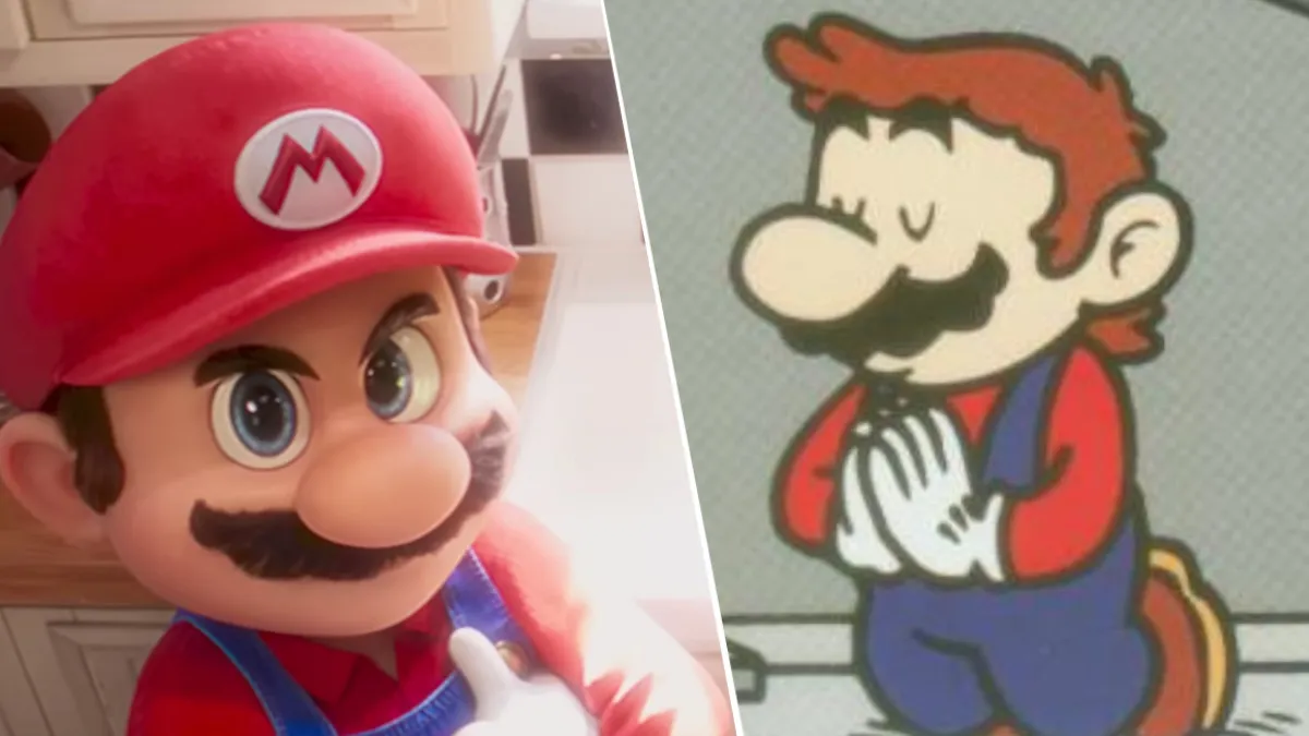 Chris Pratt as Mario in The Super Mario Bros. Movie and a praying Mario in a Mario quiz card