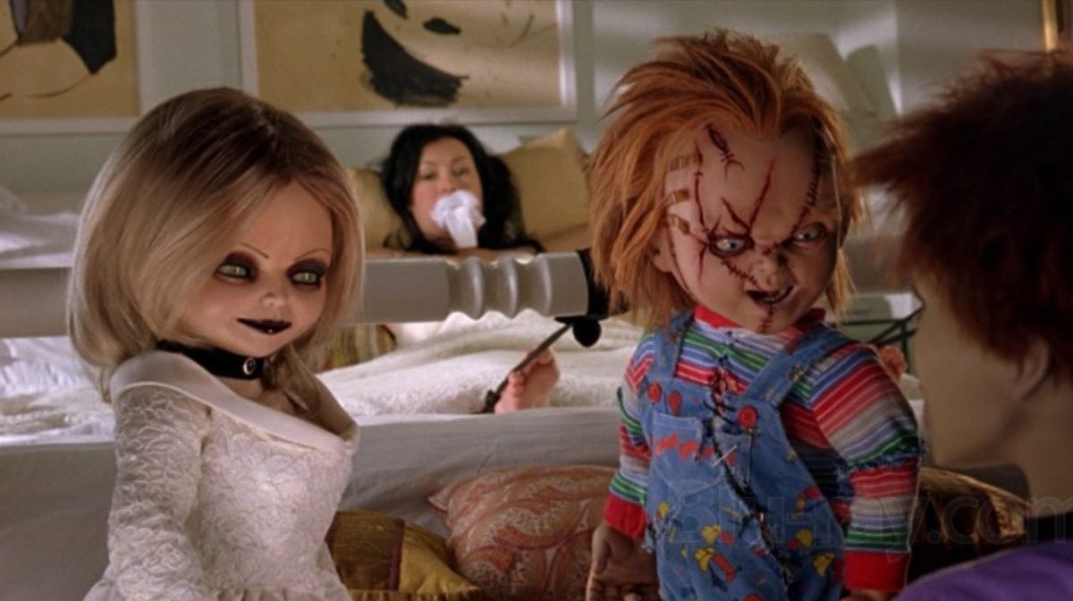Tiffany, Chucky, and Glen/Glenda talking while Jennifer Tilly is tied up in Seed of Chucky