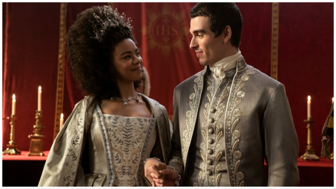 Charlotte (India Ria Amarteifio) and George (Corey Mylchreest) in 'Queen Charlotte: A Bridgerton Story'