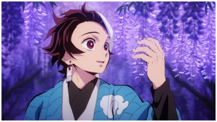 Tanjiro in the anime series 'Demon Slayer': A young person in ceremonial Japanese garb gazes in awe at the purple flowers in a forest