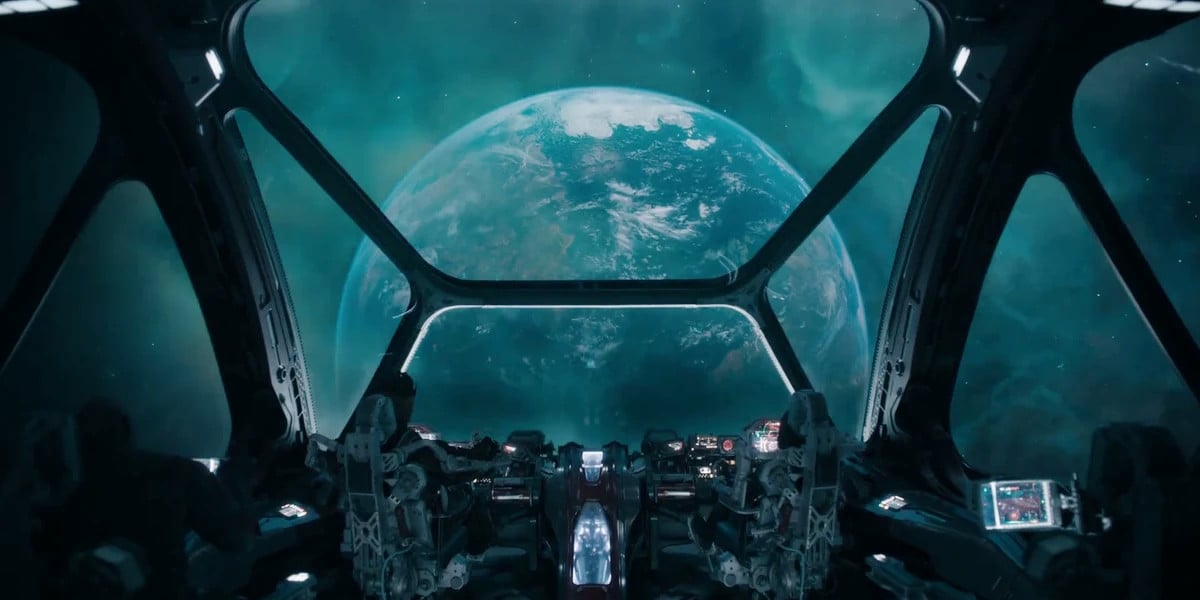 Counter-Earth in Guardians of the Galaxy Vol. 3 as seen through the viewport of the Guardians' ship