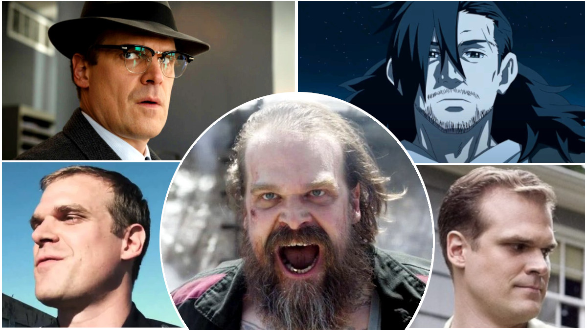 A collage of David Harbour's roles in No Sudden Move, End of Watch, Star Wars: Visions, Revolutionary Road, and Black Widow