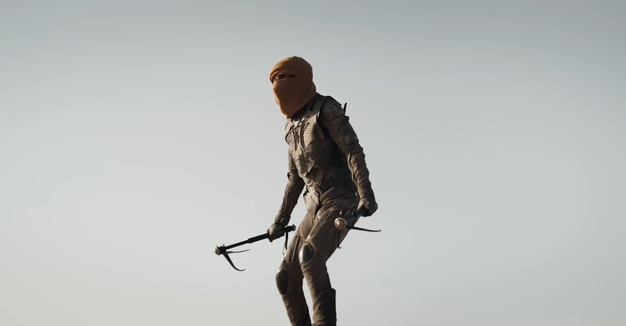 Paul Atreides, played by Timothée Chalamet, getting ready for his first ride on a sandworm in Dune: Part Two