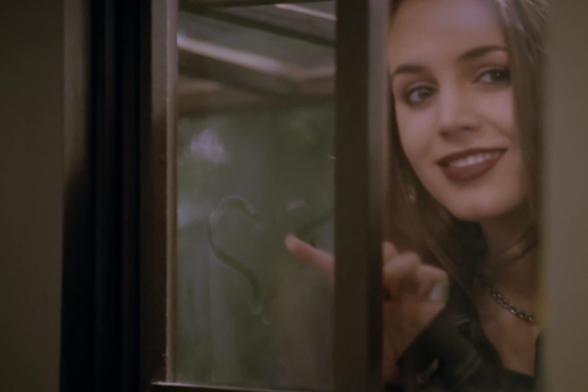 Screensot from the Bad Girls Buffy episode; Eliza Dushku as Faith looks through a window that she's drawn a heart on, making a wicked face.