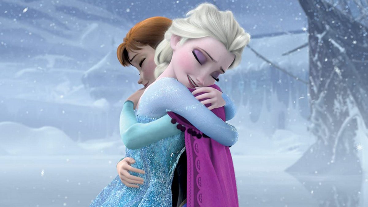 Elsa and Anna hugging in Frozen