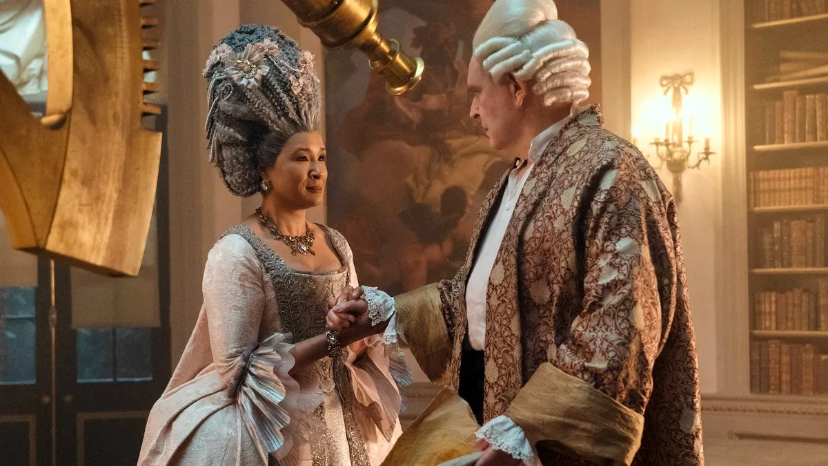 Golda Rosheuvel as Queen Charlotte and James Fleet as King Goerge in Queen Charlotte: A Bridgerton Story