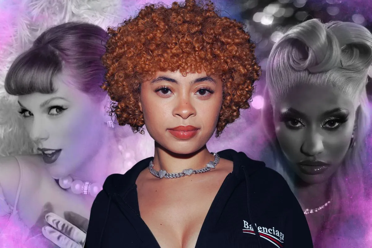 Ice Spice at Cardi B Hosts Fashion Night Out collaged infront of the music videos she did with Taylor Swift and Nicki Minaj.
