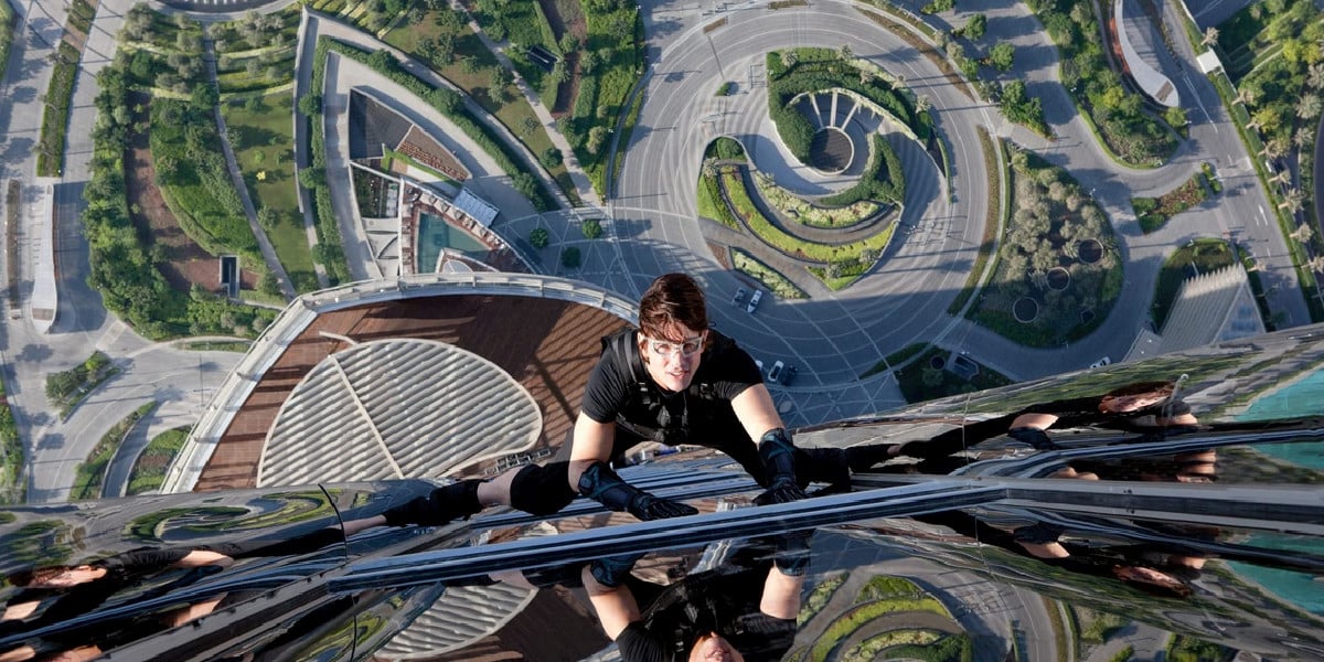 Tom Cruise as Ethan Hunt climbing the Burj Khalifa in Dubai in Mission: Impossible - Ghost Protocol