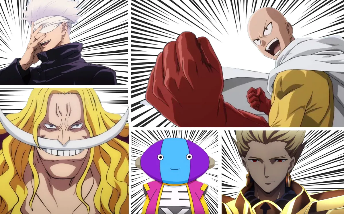 Overpowered anime characters, clockwise from top left: Satoru Gojo from 'Jujutsu Kaisen,' Saitama from 'One Punch Man,' Gilgamesh from 'Fate/Zero,' Zeno from 'Dragon Ball,' and Whitebeard from 'One Piece'