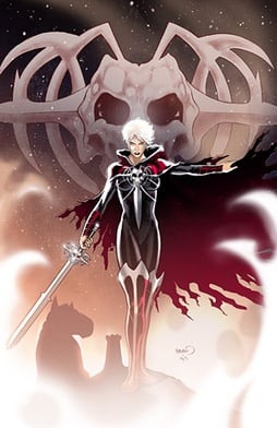 Phyla-Vell as Martyr. A white-haired woman in a cloak holds a sword with a giant skull behind her.