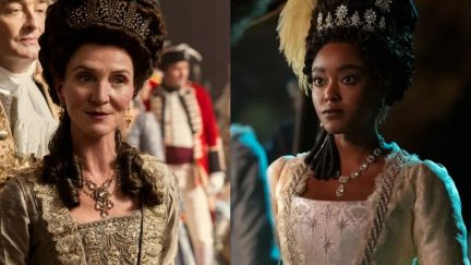 Younger Lady Danbury (played by Arsema Thomas) and the Queen consort, a.k.a. King George’s mother, Princess Augusta (played by Michelle Fairley).