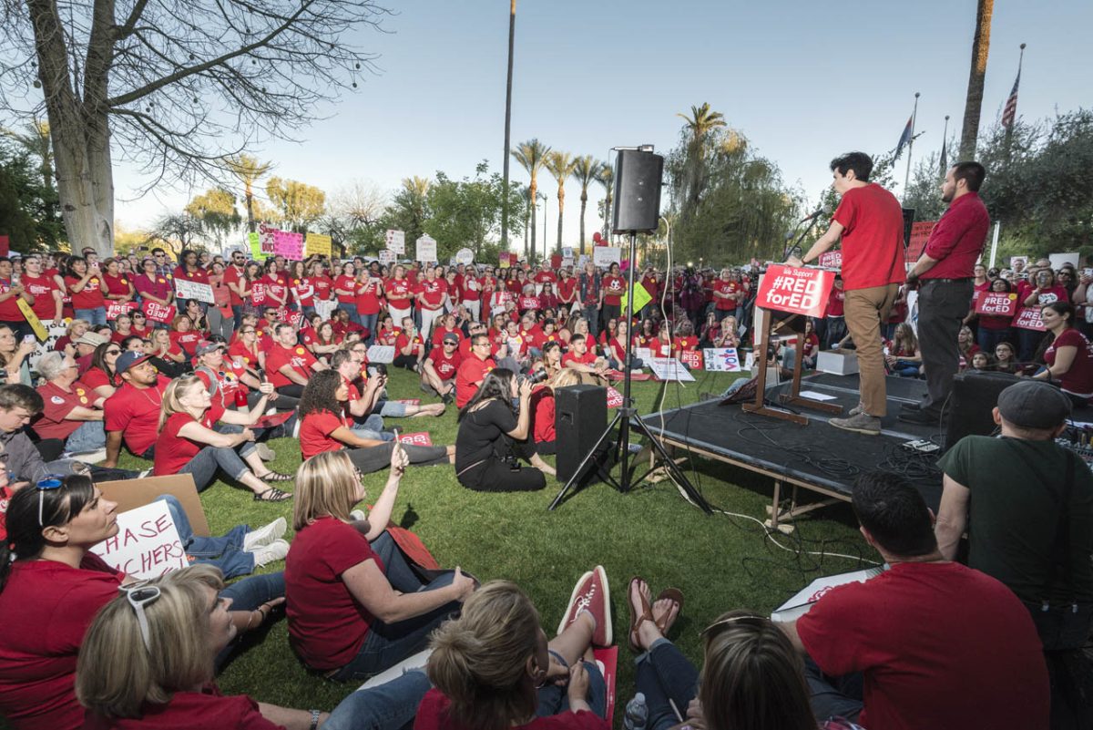 Teachers rally at the April 28, 2018, Red for Ed protest at the State Capital in Phoenix, Arizona.