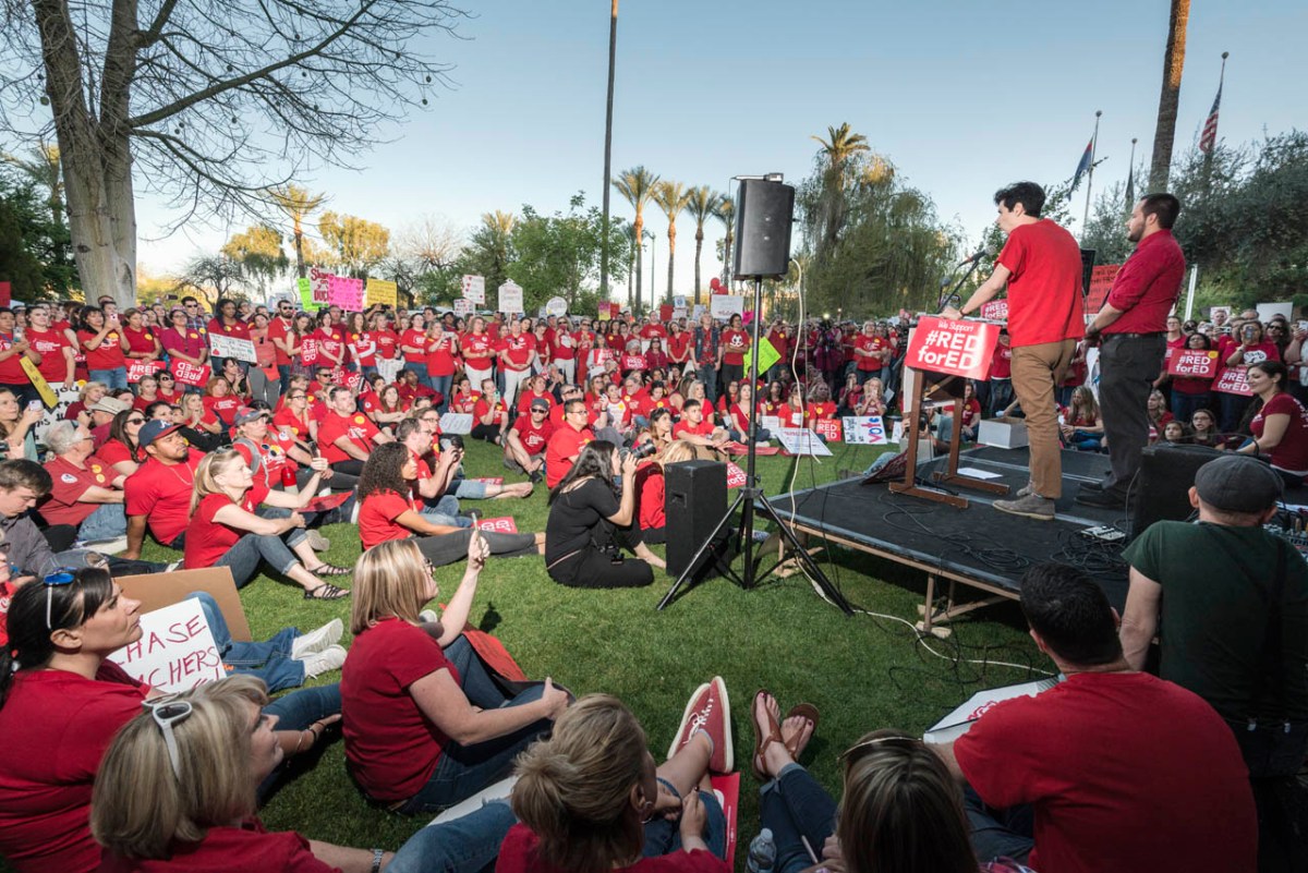 Teachers rally at the April 28, 2018, Red for Ed protest at the State Capital in Phoenix, Arizona.