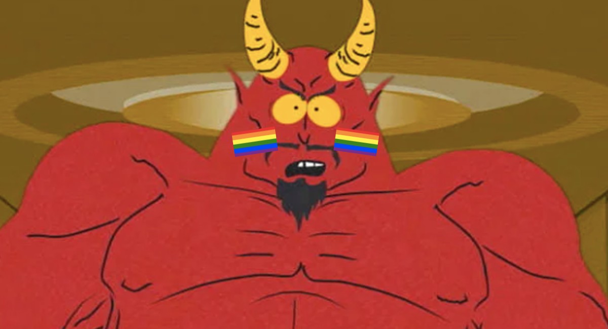 A close up of Satan from South Park