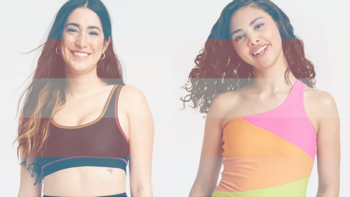 Two Target models showing the tuck-friendly swimsuits part of Target's Pride collection.