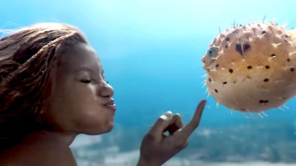 Ariel puffs up her cheeks while petting a puffer fish in The Little Mermaid live-action remake.