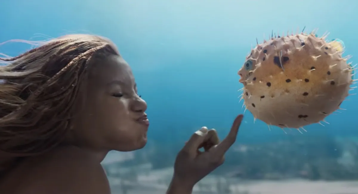 Halle Bailey as Ariel pets a pufferfish 