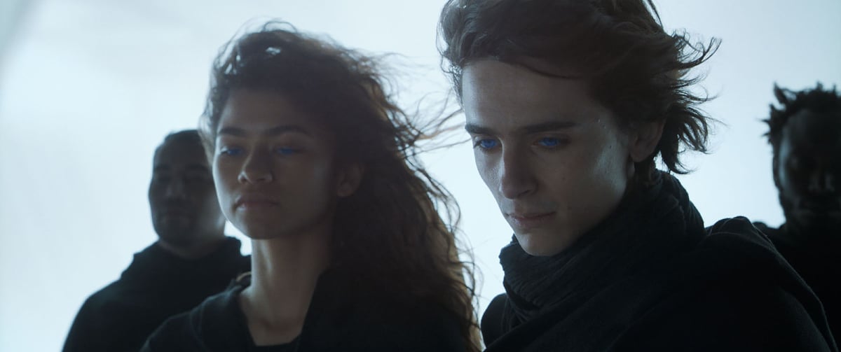 Chani (Zendaya) and Paul (Timothee Chalamet) gaze upon his legion of supporters as their eyes glow blue in one of Paul's visions from the first 'Dune' movie