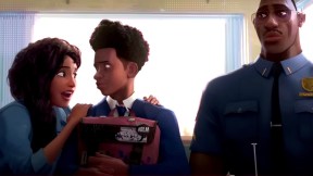Screenshot from a clip from 'Spider-Man: Across the Spider-Verse.' Miles Morales, an Afro-Latino teenager with an afro and wearing his school uniform of a white buttondown with a tie and a blue blazer as he holds his backpack on this lap, sits between his mother, an Afro-Latina with long, curly dark hair hanging in a loose braid over one shoulder wearing a blue button down, on his right, and his father, a tall, muscular Afro-Latino with close-cropped hair and a thin mustache wearing a police uniform on his left in front of a desk in a high school guidance counselor's office.
