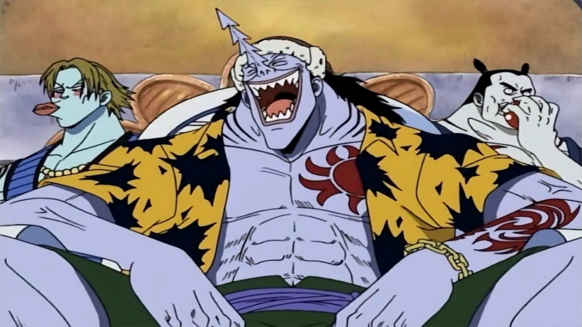 Arlong laughing with his lackies in 'One Piece'