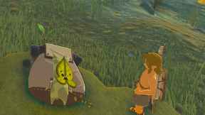 Shirtless Link hears out a backpack Korok in The Legend of Zelda: Tears of the Kingdom