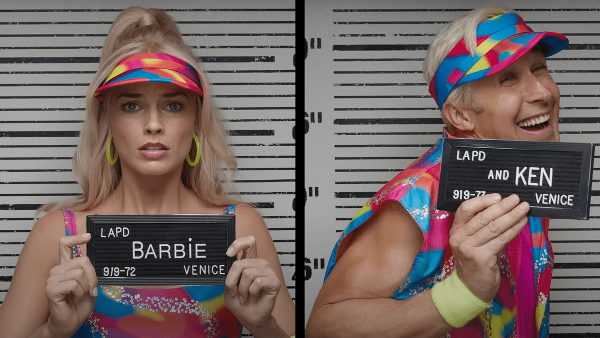 Barbie and Ken pose for mugshots, wearing neon rollerblading gear. Barbie stares straight ahead, looking scared, while Ken turns to the side and grins.