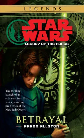 Betrayal cover; Star Wars in large red letters is at the top with the title at the bottom. A dark haired man looks forward from below his hair at the viewer while holding a green lightsaber.