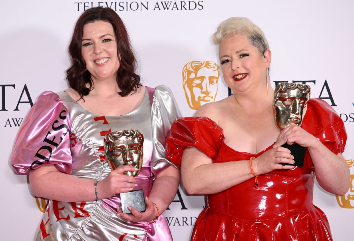 isa McGee and Siobhán McSweeney pose in the Winner's Room after receiving the Scripted Comedy Award for 'Derry Girls' at the 2023 BAFTA Television Awards.