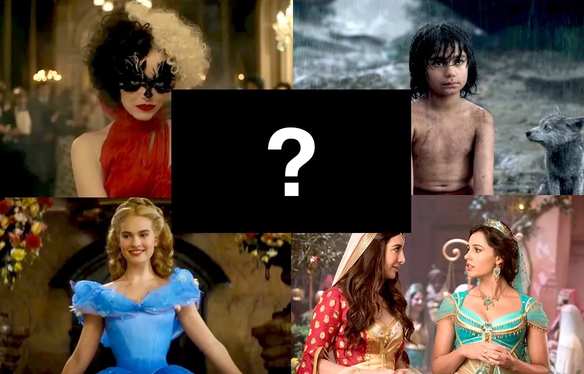 Disney live-action remake stills of Cruella, Cinderella, The Jungle Book, and Aladdin. A blank box sits in the middle, containing a question mark.