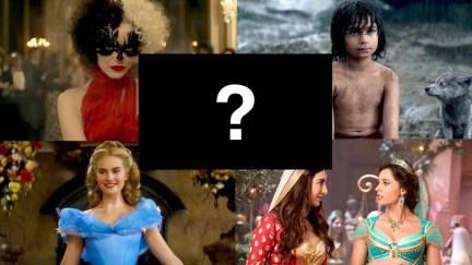 Disney live-action remake stills of Cruella, Cinderella, The Jungle Book, and Aladdin. A blank box sits in the middle, containing a question mark.