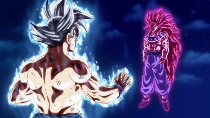 Goku looks at a purple opponent in Dragon Ball Super.