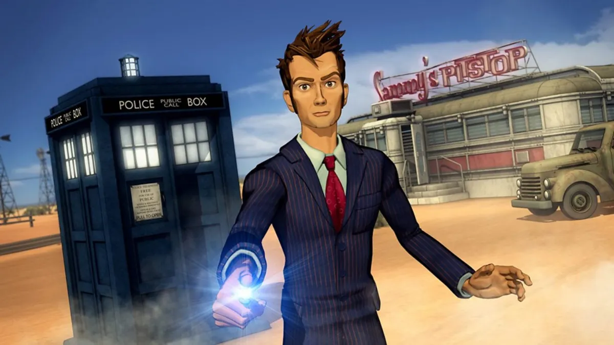 An animated version of David Tennant's Doctor stands in front of the TARDIS and a diner in the desert.