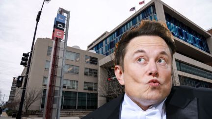 Elon Musk's face, making a weird mugging expression, superimposed over a shot of NPR's offices.