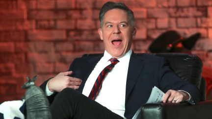 Greg Gutfeld speaks animatedly during a taping of his Fox News show.