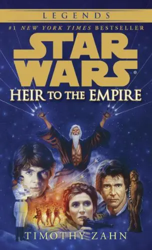 Heir to the Empire cover; Star Wars is in large gold text with the title under it. The cover is blue, with Luke, Leia, and Han's portraits arranged across the bottom third of the page, under a white man with a beard in jedi robes holding his arms up, with force lightening coming out of his finger tips.