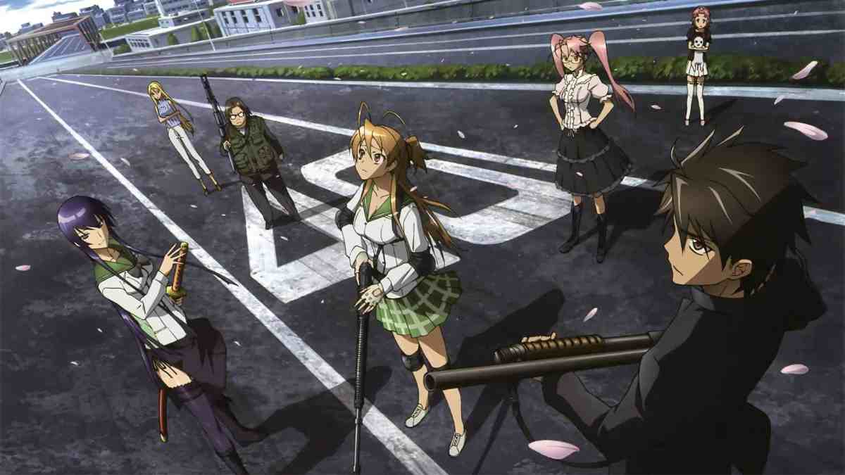 The cast of highschool of the dead with weapons