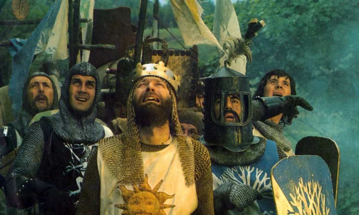 King Arthur and his knights look up in fear in Monty Python and the Holy Grail.