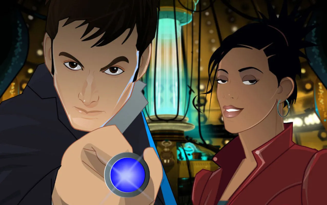 Animated versions of Martha and the Doctor look at the camera. The Doctor points his sonic screwdriver at it.