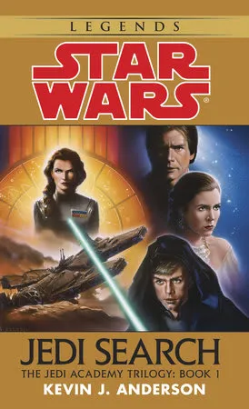 Jedi Search cover; a gold book with Star Wars in large red letters at the top and the title in black at the bottom. Between the test we have a red headed woman in Imperial uniform above a ship on the left and Han, Leia, and Luke layered above each other on the right. Luke has a hooded cloak and a light saber while Leia is in white.