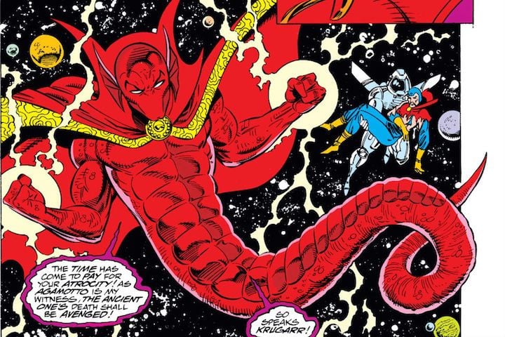 A comics panel showing Krugarr, a red snake with human arms wearing a cape, creating magical lightning bolts. He says he's going to avenge the death of the Ancient One.
