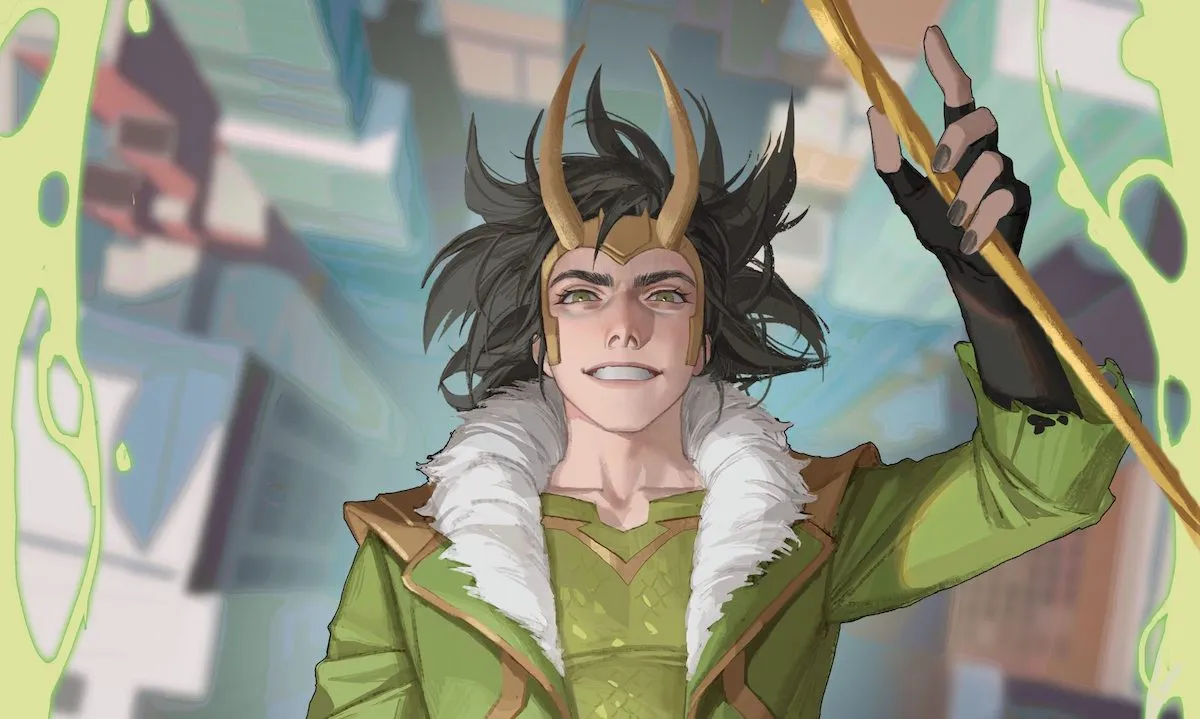 An anime-inspired illustration of Loki, smiling as they fall backwards out of the sky into a city.
