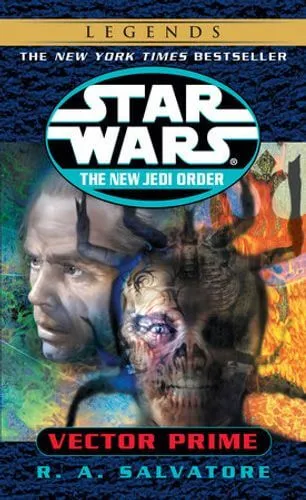 The cover of The New Jedi Order: Vector Prime; Star Wars appears in large white letters at the top. A man in shadow looks to the left while in front of him is a wizened, mummified-skull like face with tattoos and mandibles. The title is beneath them.