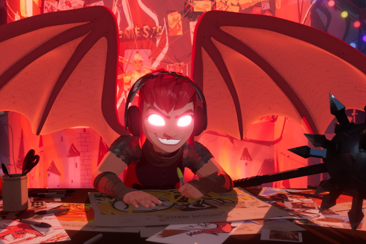 A still from the Netflix Nimona movie: a white girl with a red pixie cut and a wicked expression leans over a table with a spiked mace on it.