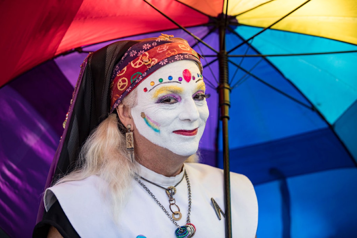 Sister Ida of the San Diego Sisters of Perpetual Indulgence attends Spirit of Stonewall Rally during San Diego Pride Week.
