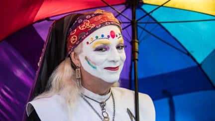 Sister Ida of the San Diego Sisters of Perpetual Indulgence attends Spirit of Stonewall Rally during San Diego Pride Week.