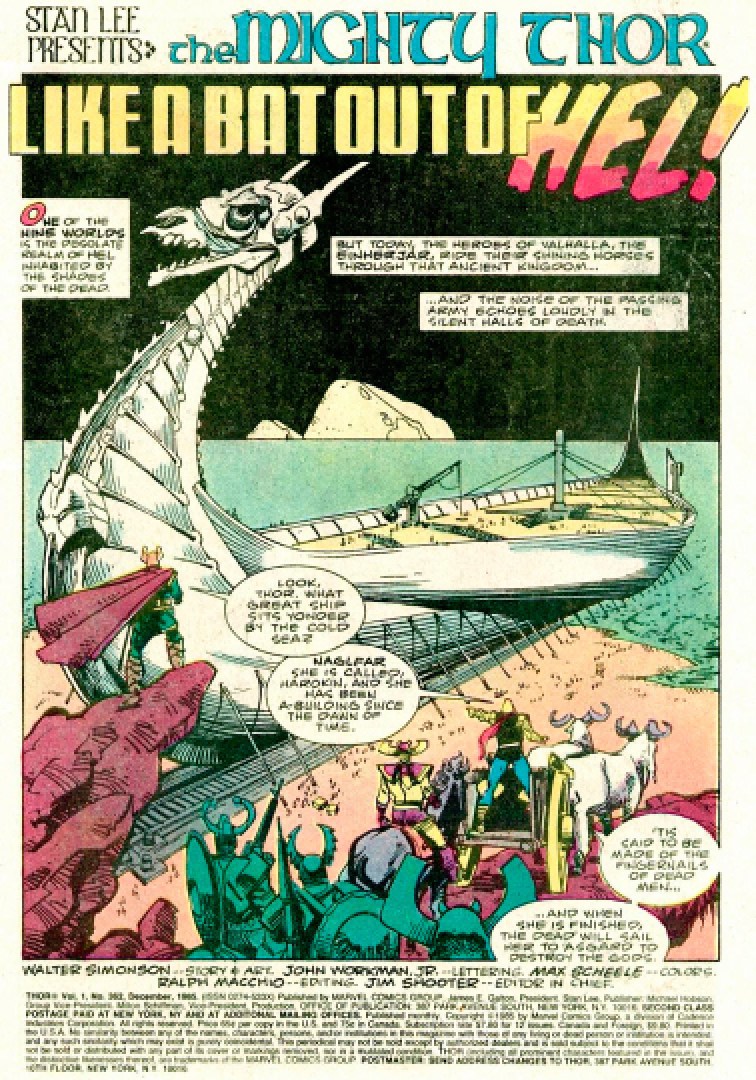 Cover of Thor #362, showing Thor looking at a white ship with a dragon-shaped prow.
