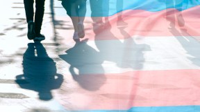 Transgender flag fades into shadows and silhouettes of people on a road