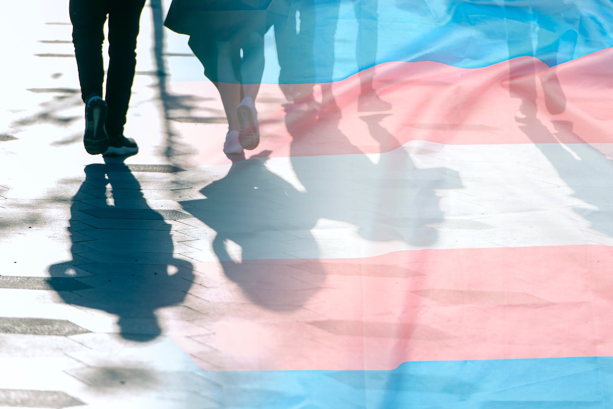 Transgender flag fades into shadows and silhouettes of people on a road